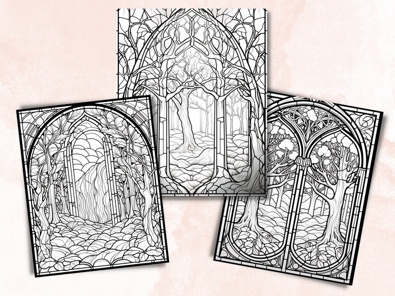55 Stained Glass Forest Coloring Book, Printable Enchanted Forest Scenes Coloring Pages, Grayscale Magical Woodland Coloring Book for Adults
