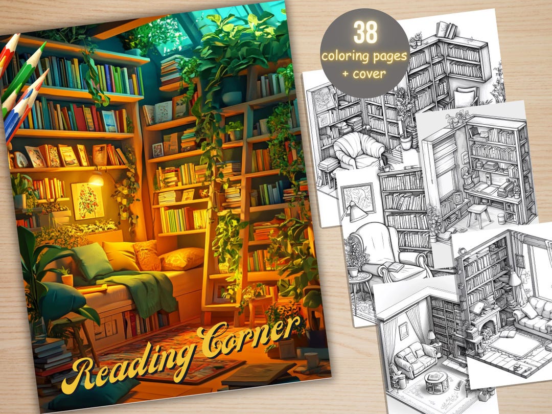 38 Reading Corner Coloring Book, Printable Cozy Reading Nook Coloring ...
