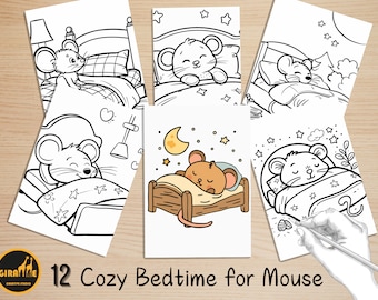 Cute And Cozy Easy Coloring Book, Kawaii Mouse Bedtime Scenes Coloring Pages, Cozy Animals Coloring, Relaxing Activities for Adults and Kids
