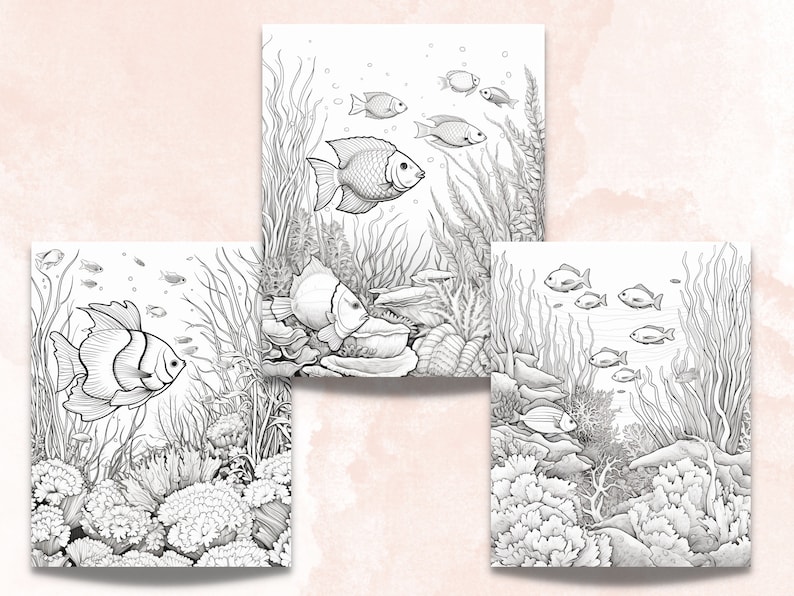 50 Enchanted Underwater Coloring Book, Printable Under the Sea Coloring Pages, Grayscale Ocean Life Scenes Coloring Book for Adults and Kids