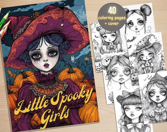 May include: A coloring book cover featuring a spooky girl with a witch's hat and a pumpkin. The title of the book is "Little Spooky Girls".