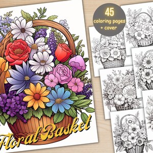 45 種類の花のバスケットの塗り絵、印刷可能な魅惑的なファンタジーの花の春の塗り絵ページ、大人向けのグレースケールの魔法の花の塗り絵