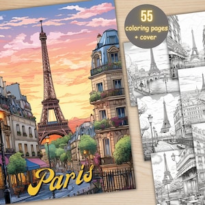 55 パリ市の塗り絵、印刷可能な PDF、パリのカフェのシーンの塗り絵、大人と子供向けの街の風景のグレースケール塗り絵