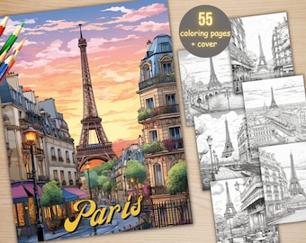 55 Paris City Coloring Book, Printable PDF, Parisian Cafe Scenes Coloring Pages, Street Landscape Grayscale Coloring Book for Adults Kids