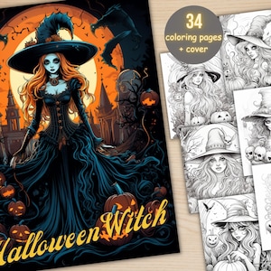 34 Halloween Witch Coloring Book, Printable Gothic Pumpkin Witch Girls Coloring Pages, Grayscale Halloween Coloring Book for Adults and Kids