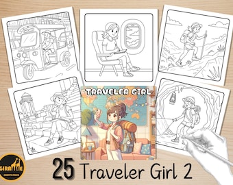 Målarbilder med Traveler Girl 2, djärv och enkel målarbok, målarbilder med Wanderlust Girl, avkopplande aktivitet för vuxna och barn, stresslindring