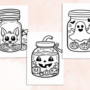 Bold and Easy Coloring Book, Cute Kawaii Halloween Jar Coloring Pages, Cute Creepy Halloween Coloring, Relaxing Activity for Adults and Kids
