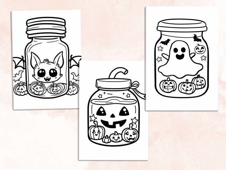 Bold and Easy Coloring Book, Cute Kawaii Halloween Jar Coloring Pages, Cute Creepy Halloween Coloring, Relaxing Activity for Adults and Kids