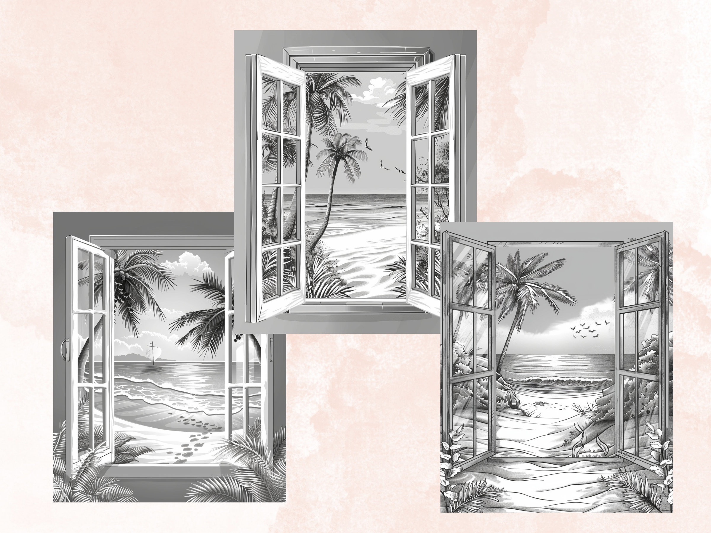 50 Summer Windows Coloring Book, Printable Beach Window Coloring Pages ...