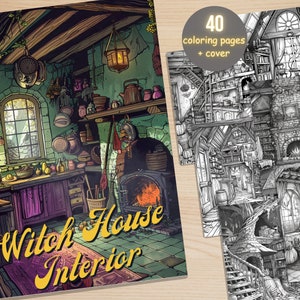 40 Witch House Interior Coloring Book, Printable Detalied Room Coloring Pages, Fantasy Coloring Book for Adult, Relax and Stress Relief