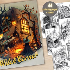 44 Witch Corner Coloring Book, Printable Whimsical Witchy Nook Coloring Pages, Grayscale Coloring Book for Adults, Relax and Stress Relief