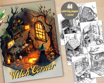 May include: A coloring book titled "Witch Corner" with a detailed illustration of a witch's room, featuring a witch in a black dress and hat. The image includes a glowing window, a jack-o'-lantern, and a stack of coloring pages.