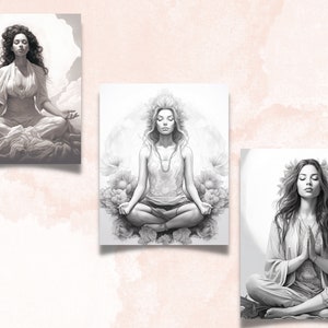 May include: Three black and white illustrations of women meditating in different poses. The first woman is sitting with her legs crossed and her hands resting on her lap. The second woman is sitting with her legs crossed and her hands in a prayer position. The third woman is sitting with her legs crossed and her hands resting on her knees.