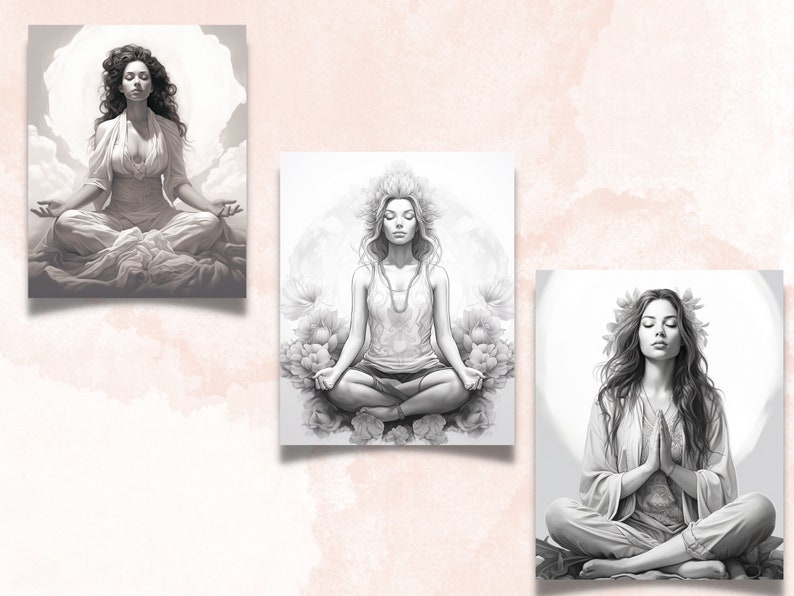 May include: Three black and white illustrations of women meditating in different poses. The first woman is sitting with her legs crossed and her hands resting on her lap. The second woman is sitting with her legs crossed and her hands in a prayer position. The third woman is sitting with her legs crossed and her hands resting on her knees.