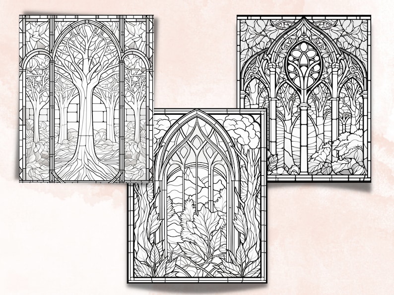 55 Stained Glass Forest Coloring Book, Printable Enchanted Forest Scenes Coloring Pages, Grayscale Magical Woodland Coloring Book for Adults