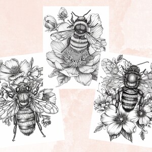 45 Spring Bee Coloring Book, Printable Floral Bee Coloring Pages, Grayscale Spring Flowers Insect Coloring Book for Adults and Kids