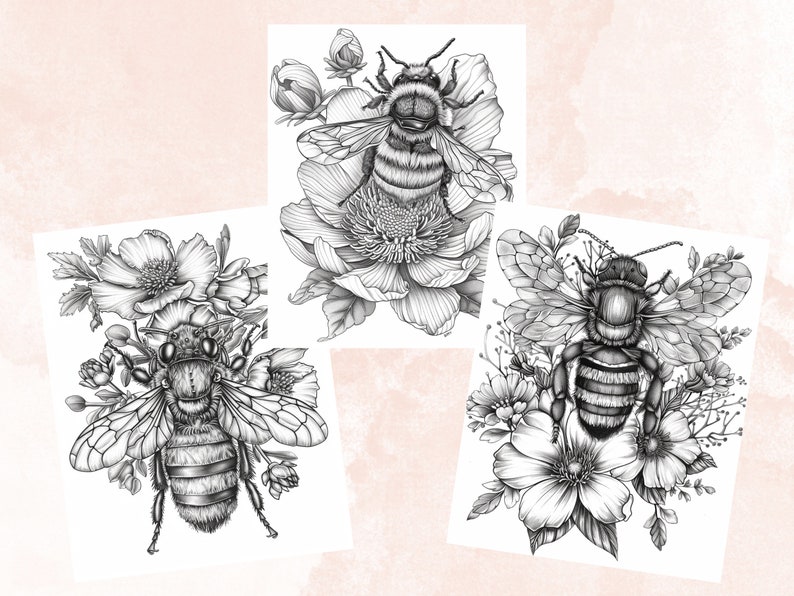 45 Spring Bee Coloring Book, Printable Floral Bee Coloring Pages, Grayscale Spring Flowers Insect Coloring Book for Adults and Kids