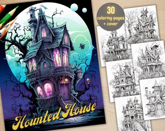 30 Hounted Houses Coloring Book, Printable Gothic Spooky Houses Coloring Pages, Grayscale Coloring Book for Adults, Dark & Light Version PDF