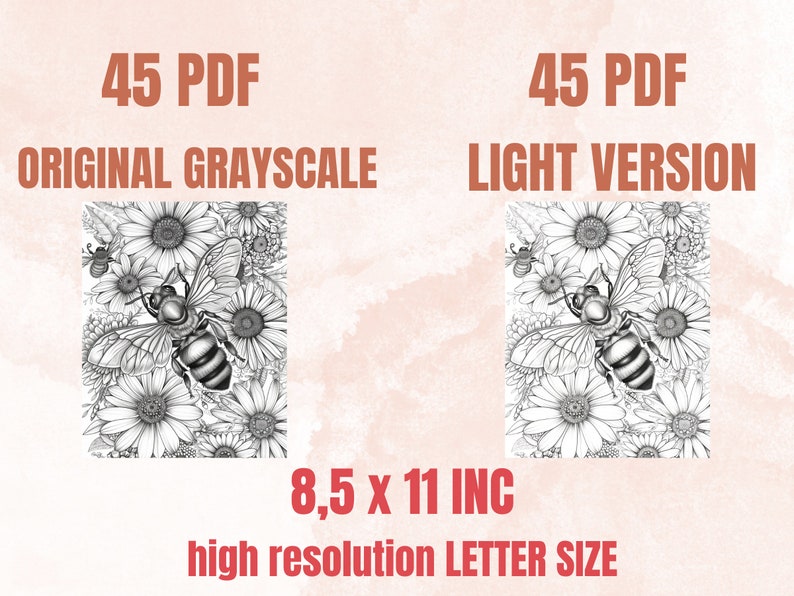 45 Spring Bee Coloring Book, Printable Floral Bee Coloring Pages, Grayscale Spring Flowers Insect Coloring Book for Adults and Kids