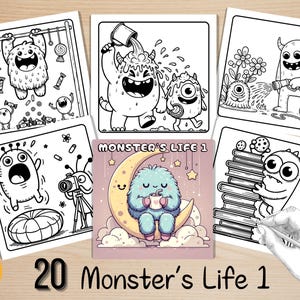 Puede incluir: Un conjunto de 20 páginas para colorear "Monster's Life 1". Las ilustraciones presentan monstruos de dibujos animados en escenarios lúdicos, como columpiarse, regar plantas y relajarse en una luna creciente. Las imágenes son en blanco y negro.