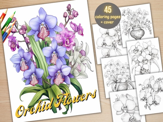 45 Orchid Flowers Coloring Book, Printable PDF, Botanical Floral Plant Coloring Pages, Fantasy Grayscale Spring Coloring Book for Adult Kids
