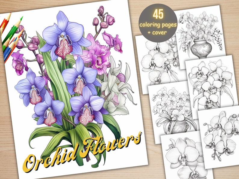45 Orchid Flowers Coloring Book, Printable PDF, Botanical Floral Plant Coloring Pages, Fantasy Grayscale Spring Coloring Book for Adult Kids