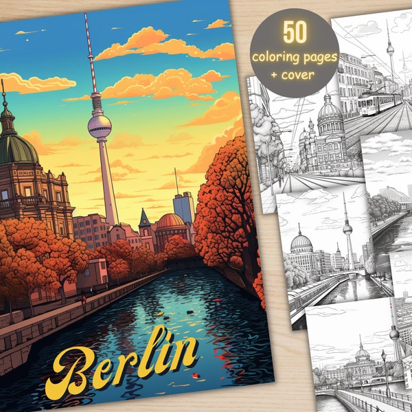 50 Berlin City Coloring Book, Printable PDF, Germany Cafe Scenes Coloring Pages, Street Landscape Grayscale Coloring Book for Adult and Kids