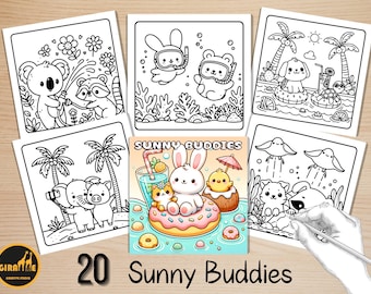 Bold and Easy Coloring Book, Sunny Buddies Coloring Pages, Summer Animals Moments Coloring, Relaxing Activity for Adults, Stress Relief