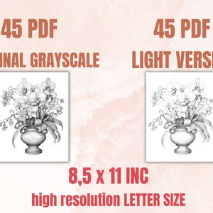 45 Orchid Flowers Coloring Book, Printable PDF, Botanical Floral Plant Coloring Pages, Fantasy Grayscale Spring Coloring Book for Adult Kids