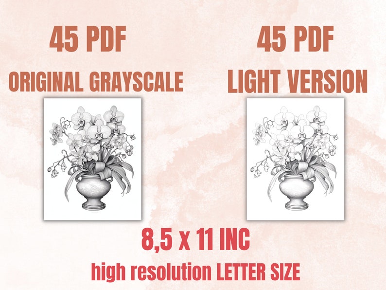 45 Orchid Flowers Coloring Book, Printable PDF, Botanical Floral Plant Coloring Pages, Fantasy Grayscale Spring Coloring Book for Adult Kids