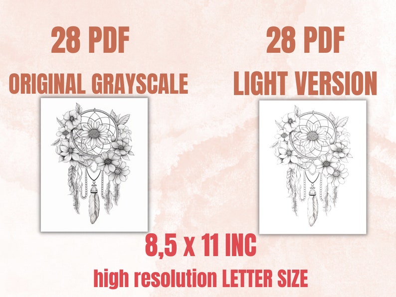 Może przedstawiać: Zestaw 28 plik&oacute;w PDF do wydruku przedstawiający czarno-biały wz&oacute;r łapacza sn&oacute;w z kwiatami. Łapacz sn&oacute;w ma rozmiar 21,6 cm x 27,9 cm, format listowy, i jest dostępny w dw&oacute;ch wersjach: oryginalna skala szarości i jasna.
