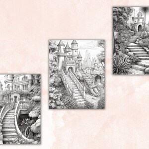 May include: Three black and white pencil drawings of a fantasy castle with stone steps leading up to the castle. The castle is surrounded by lush greenery and flowers.