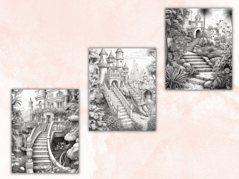 May include: Three black and white pencil drawings of a fantasy castle with stone steps leading up to the castle. The castle is surrounded by lush greenery and flowers.