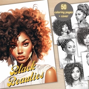 50 Black Beauties Coloring Book, Printable Afro American Woman Coloring Pages, Fantasy Grayscale African Girls Coloring Book for Adults Kids