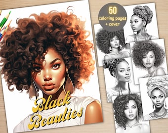 50 Black Beauties Coloring Book, Printable Afro American Woman Coloring Pages, Fantasy Grayscale African Girls Coloring Book for Adults Kids