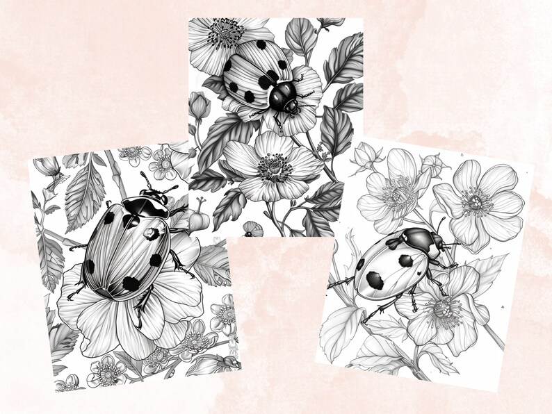 40 Spring Ladybugs Coloring Book, Printable Floral Ladybirds Coloring Pages, Grayscale Spring Flowers Insect Coloring Book for Adults Kids