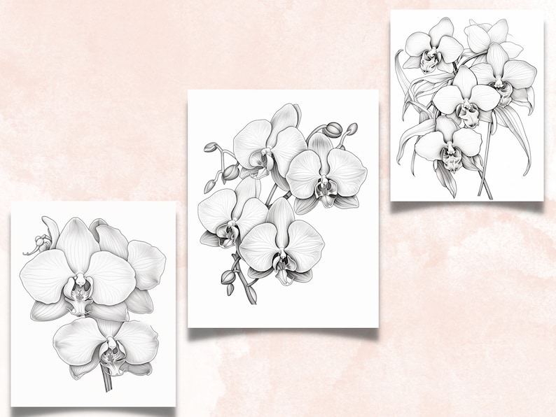 45 Orchid Flowers Coloring Book, Printable PDF, Botanical Floral Plant Coloring Pages, Fantasy Grayscale Spring Coloring Book for Adult Kids