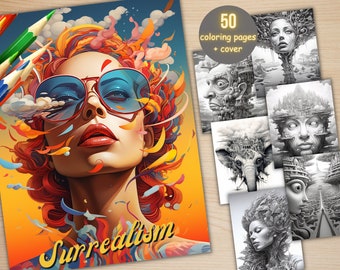 50 Surrealism Coloring Book, Printable PDF, Fantasy Landscape Coloring Pages, Surreal Art Grayscale Coloring Book for Adults and Kids