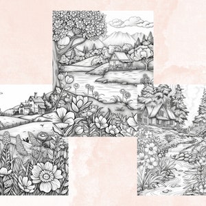 50 Spring Garden Coloring Book, Printable Floral Fairy Garden Coloring Pages, Grayscale Spring Flowers Forest Coloring Book for Adults Kids