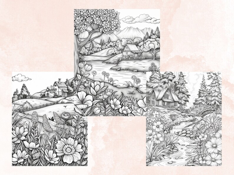 50 Spring Garden Coloring Book, Printable Floral Fairy Garden Coloring Pages, Grayscale Spring Flowers Forest Coloring Book for Adults Kids