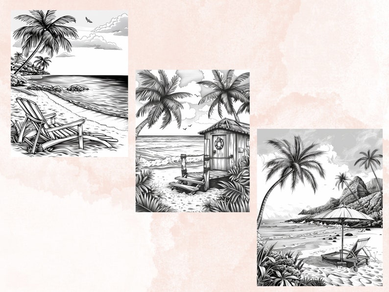 55 Summer Beach Coloring Book, Printable Summer Sea View Coloring Pages, Grayscale Tropical Vacation Landscape Coloring Book for Adults Kids