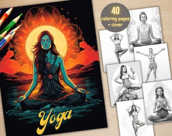 May include: A coloring book cover featuring a woman in a yoga pose with a sunset background. The cover has the word "Yoga" in yellow text.