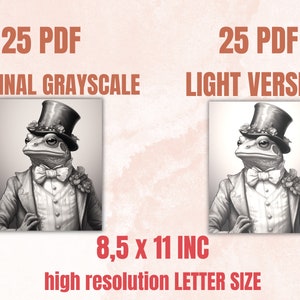 May include: A grayscale image of a frog wearing a top hat and a bow tie. The frog is dressed in a suit and has a flower on its lapel. The image is 8.5 inches by 11 inches and is high resolution.