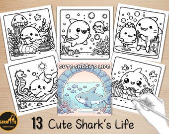 Libro para colorear fácil y atrevido, páginas para colorear de tiburón bebé, escenas submarinas adorables y divertidas, animales marinos de verano para colorear, alivio del estrés para niños