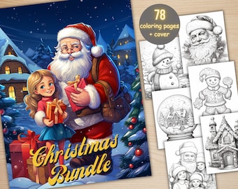 78 Christmas Big Bundle Coloring Book, Printable Xmas Santa Claus Coloring Pages, Grayscale Christmas Coloring Book for Adults and Kids