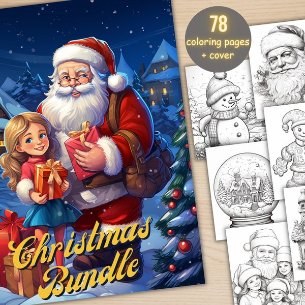 78 Christmas Big Bundle Coloring Book, Printable Xmas Santa Claus Coloring Pages, Grayscale Christmas Coloring Book for Adults and Kids