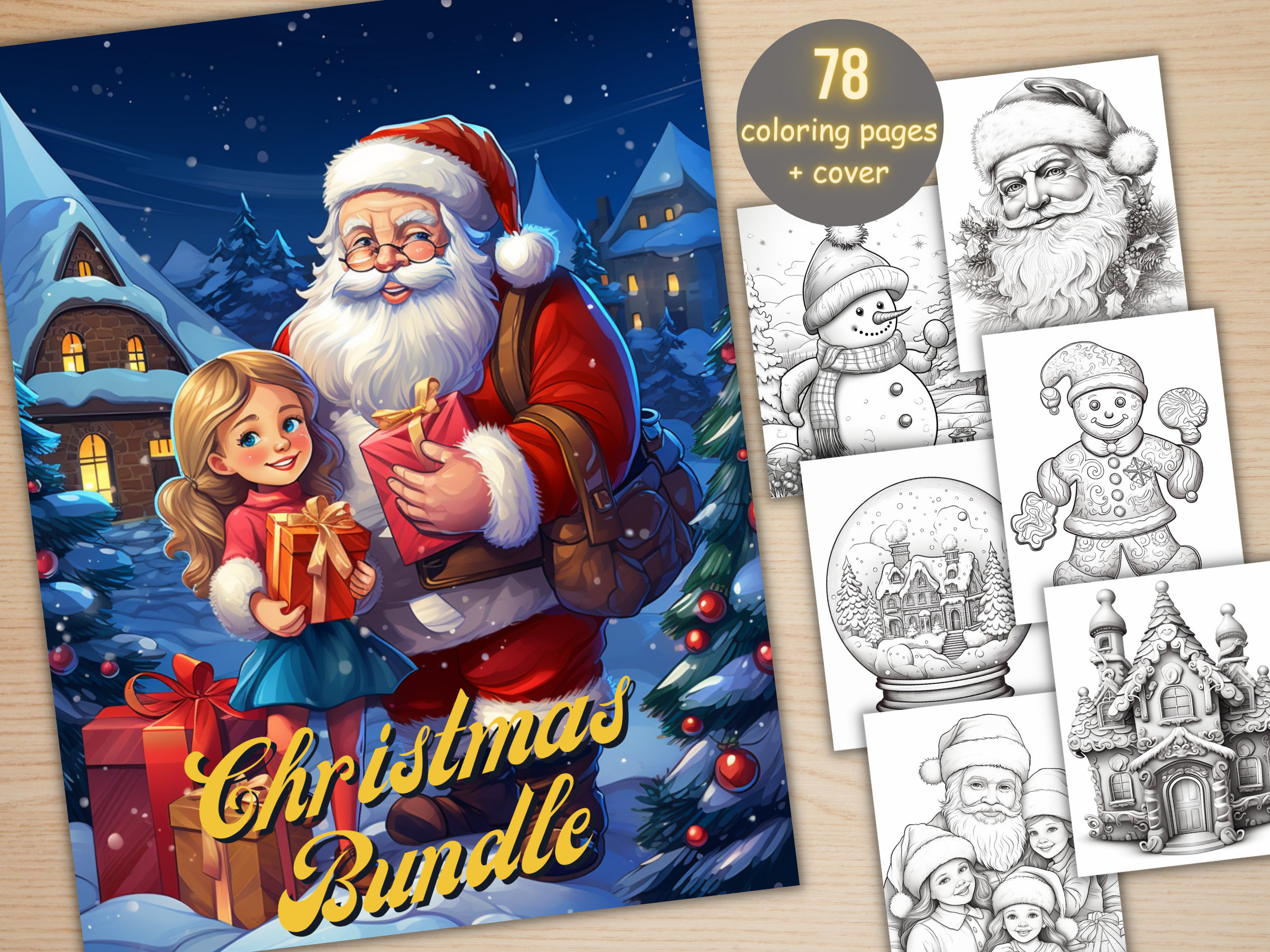 78 Christmas Big Bundle Coloring Book, Printable Xmas Santa Claus Coloring Pages, Grayscale Christmas Coloring Book for Adults and Kids