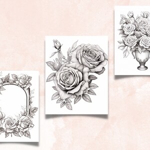 70 Rose Coloring Book, Printable PDF, Botanical Floral Plant Coloring Pages, Fantasy Grayscale Red Roses Coloring Book for Adults and Kids