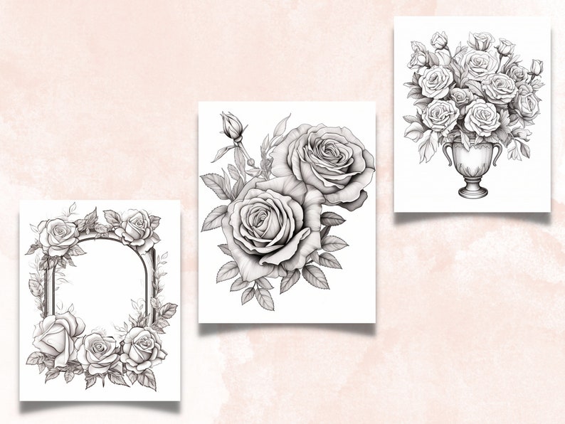 70 Rose Coloring Book, Printable PDF, Botanical Floral Plant Coloring Pages, Fantasy Grayscale Red Roses Coloring Book for Adults and Kids