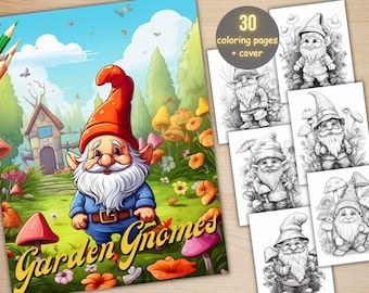 30 Garden Gnomes Coloring Book, Printable Floral Cute Gnome Coloring Pages, Grayscale Coloring Book for Adults, Relax and Stress Relief